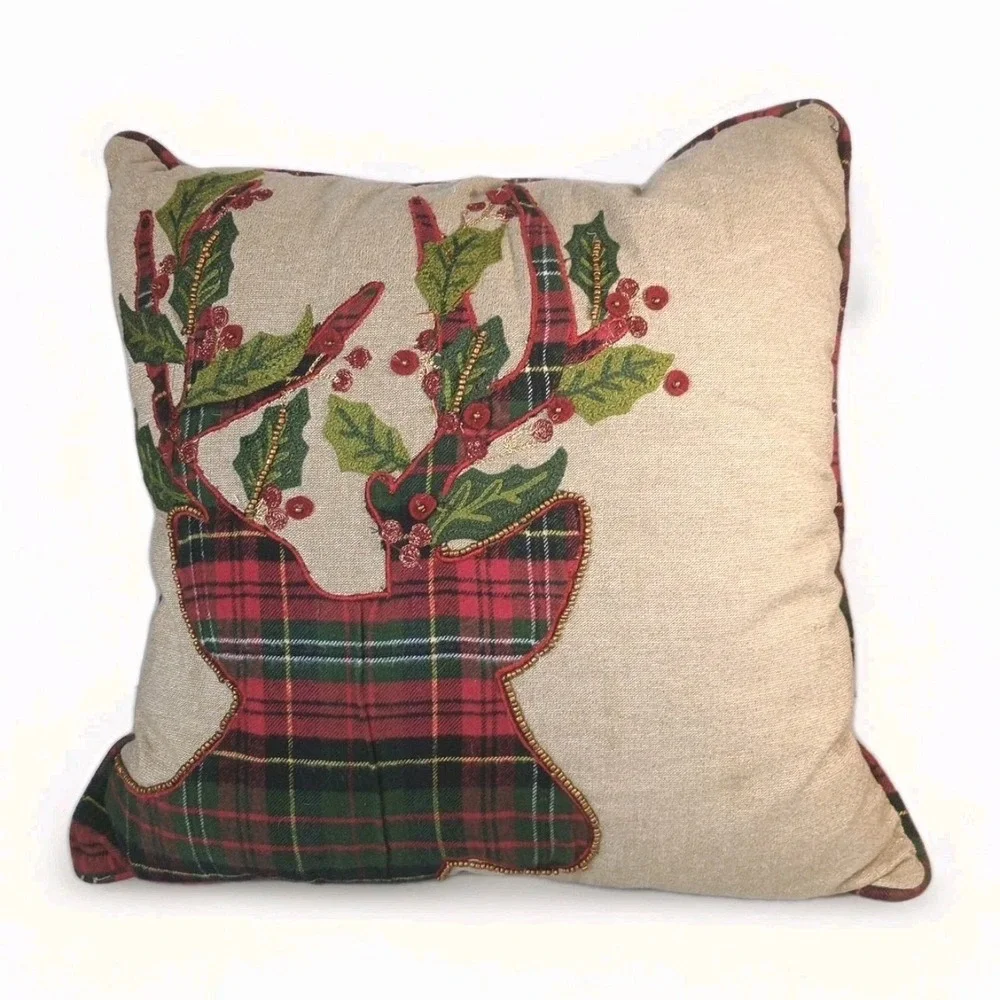 Pier 1 Imports Christmas Holiday Plaid and Beaded Reindeer Pillow 18